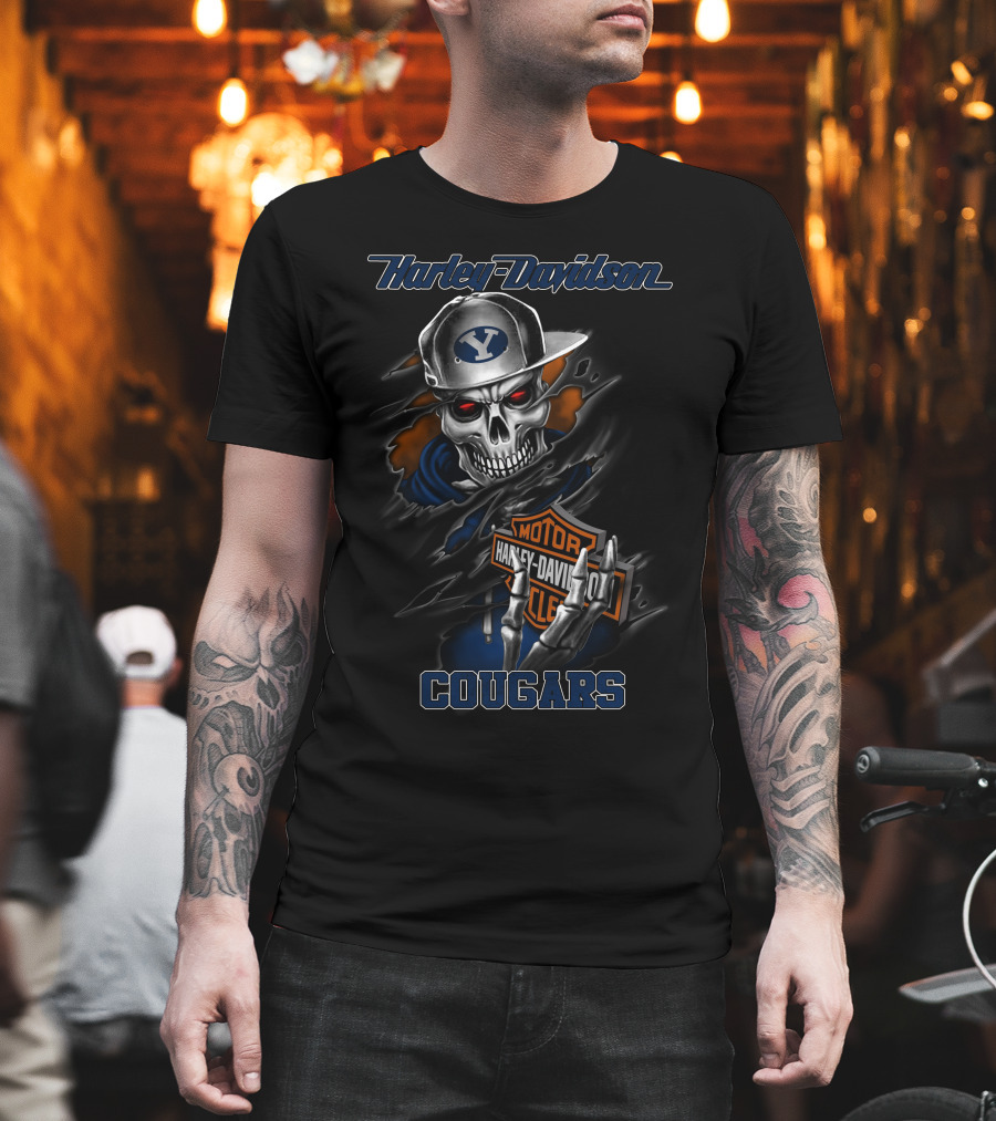 Harley Davidson Byu Cougars Skeleton With Motorcycle Logo And Cap T-Shirt