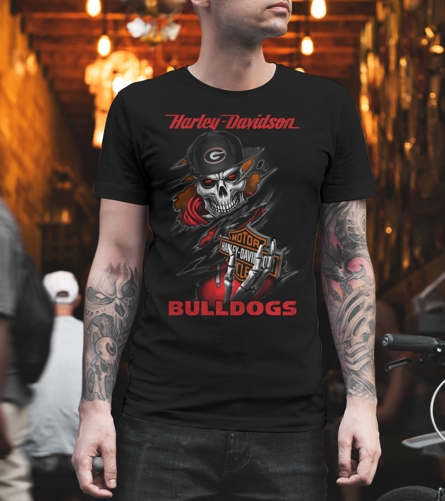 Harley Davidson Georgia Bulldogs Skull With Cap T-Shirt