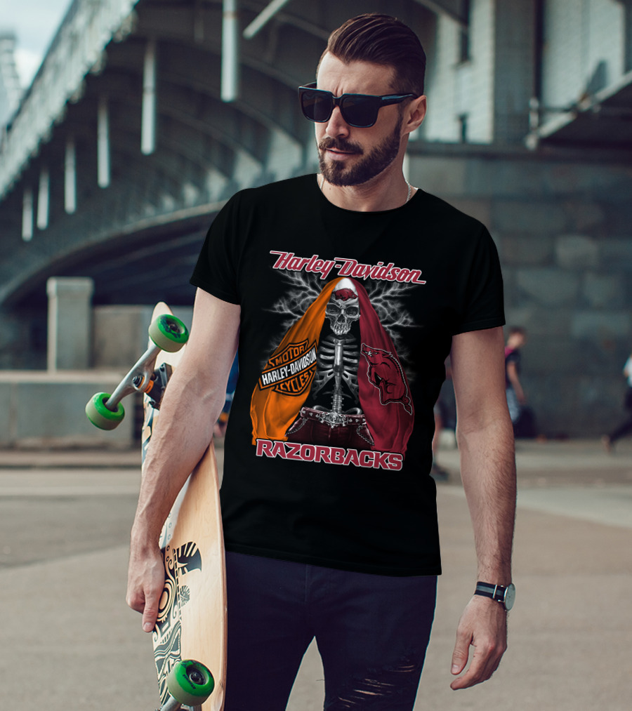 Harley Davidson Razorbacks Motorcycle Skeleton Lightning T-Shirt