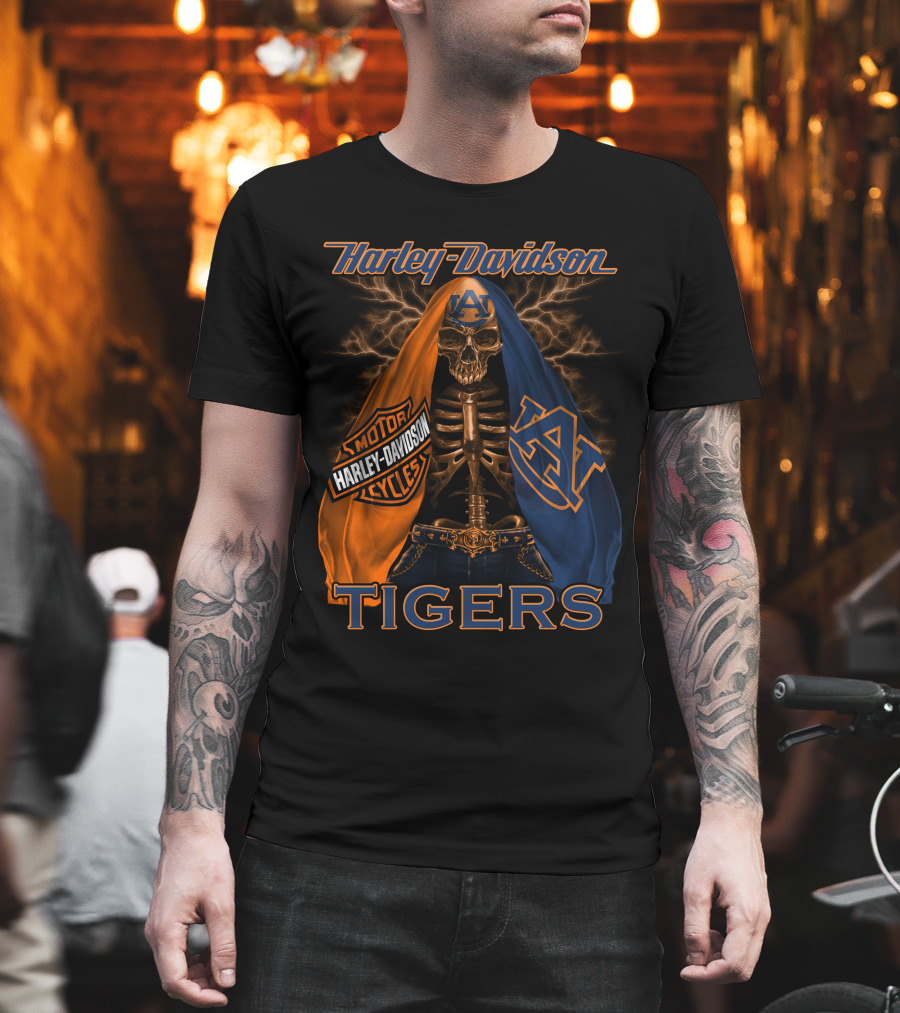 Harley Davidson Auburn Tigers Skeleton Dual Flag T-Shirt