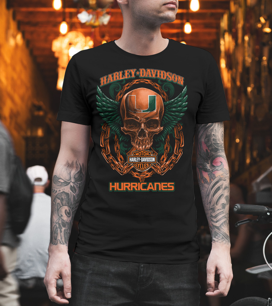 Harley Davidson Miami Hurricanes Skull Wing Motor Cycles T-Shirt