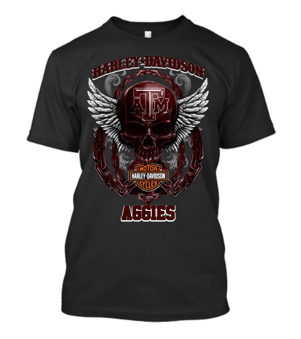 Harley Davidson Texas A&M Aggies Motorcycles Logo With Skull And Wings T-Shirt