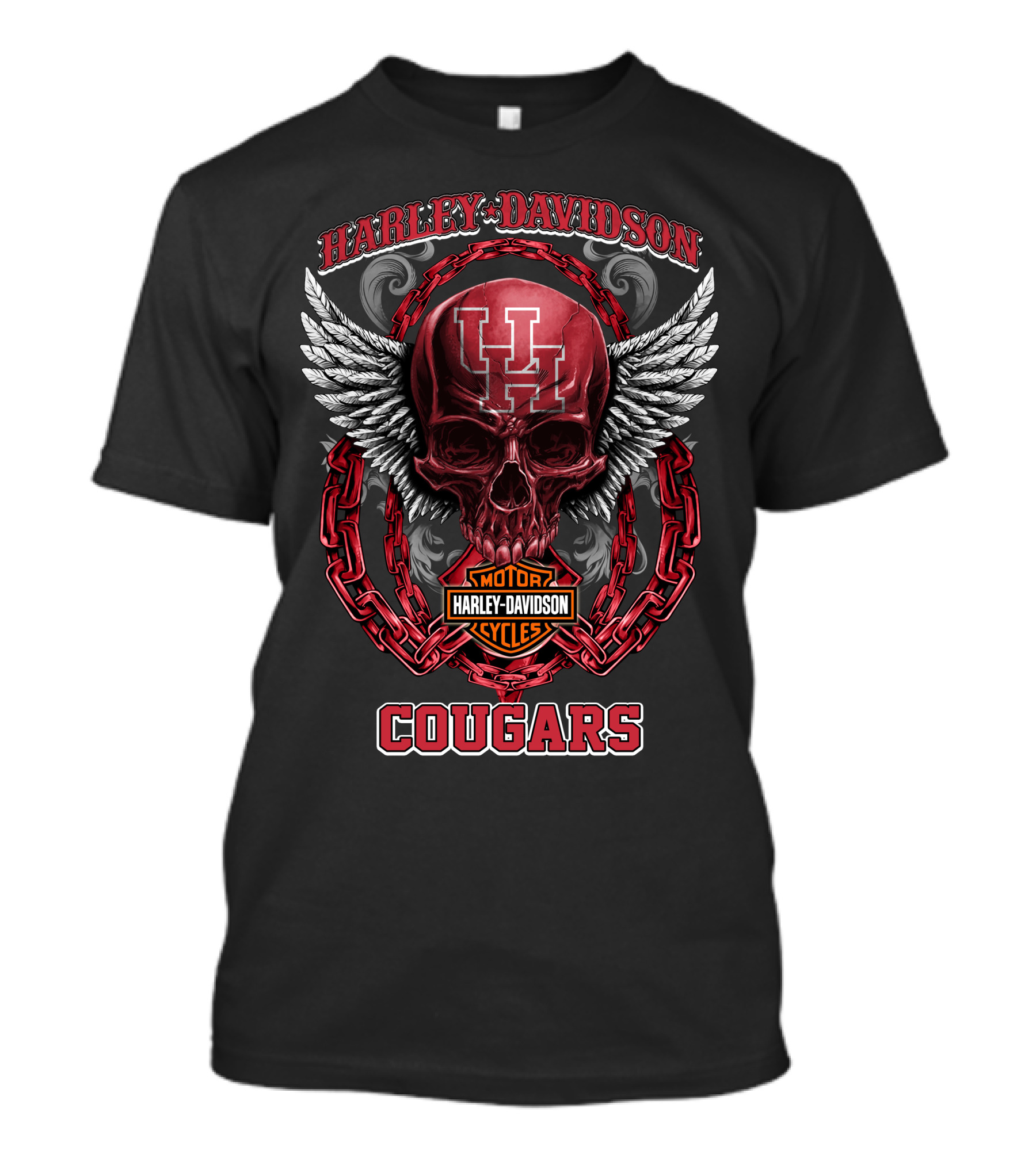 Harley Davidson Houston Cougars Skull With Chains And Wings T-Shirt