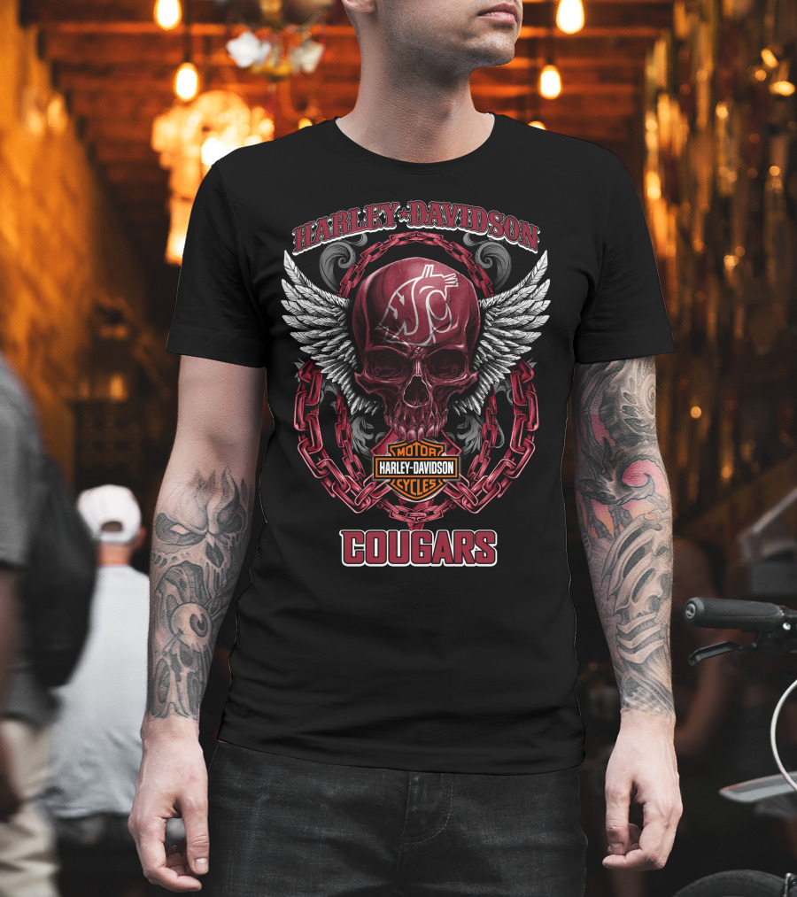 Harley Davidson Washington State Cougars Football Skull Wings Chains T-Shirt
