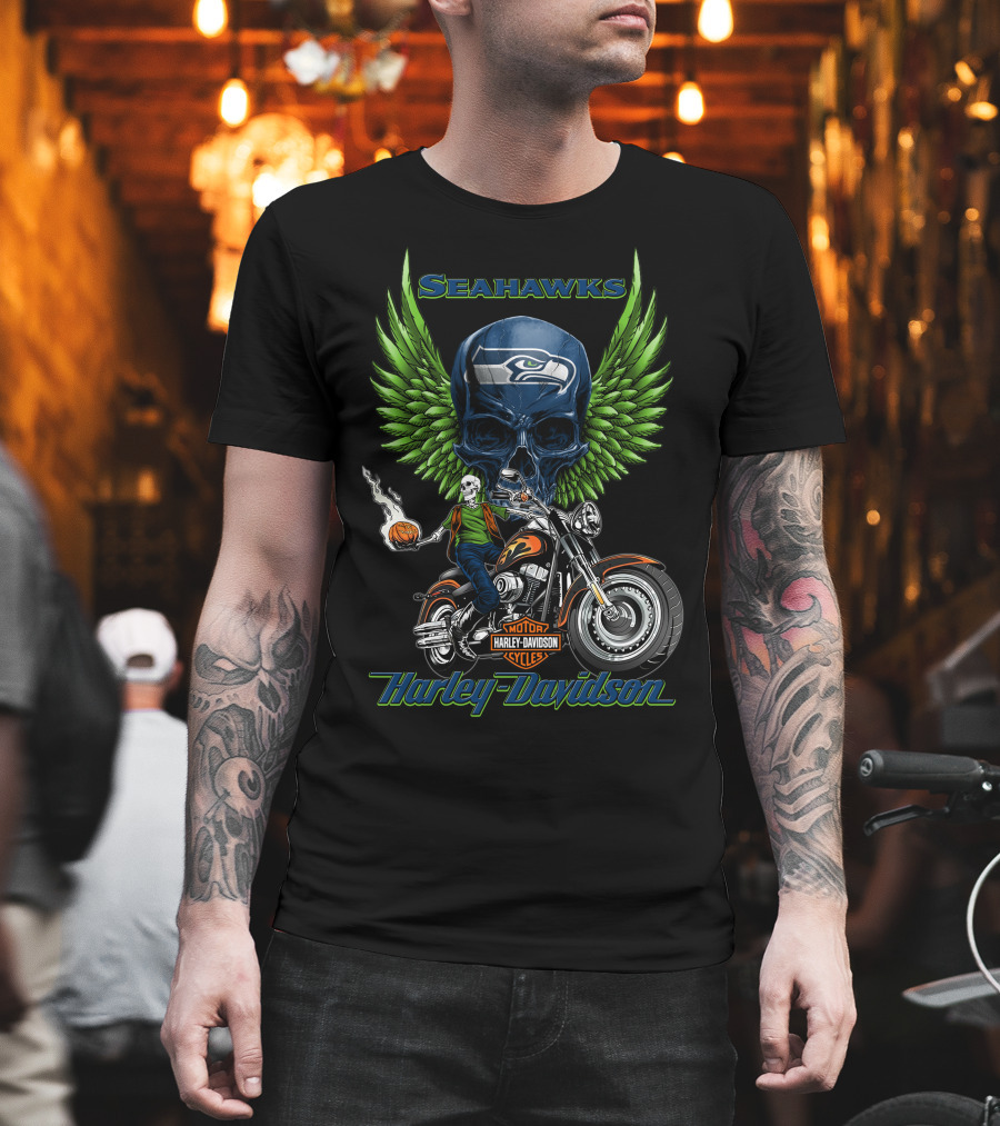 Seahawks Harley Davidson Motorcycles Green Wings Skull Rider Nfl Seattle T-Shirt