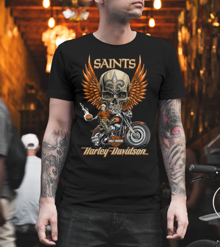 Saints Harley Davidson Motorcycles Nfl New Orleans Skull Wings T-Shirt