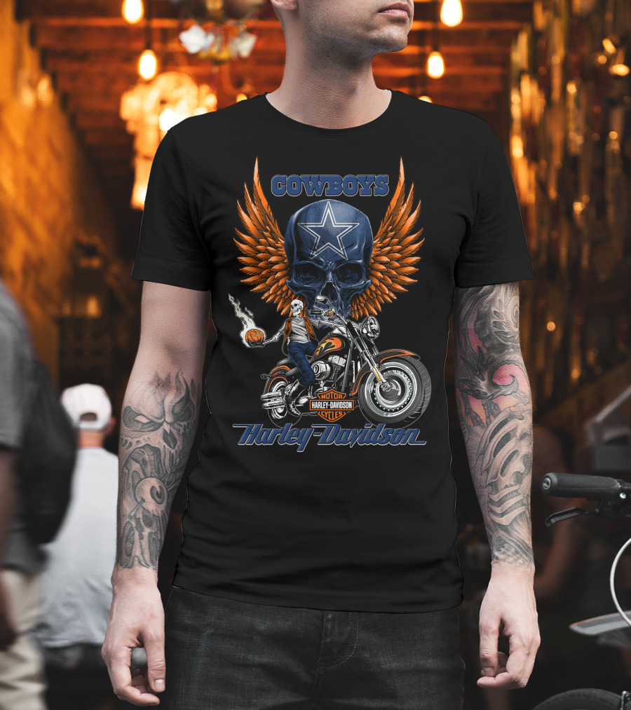 Cowboys Harley Davidson Motor Cycles Skull Star Wings T-Shirt