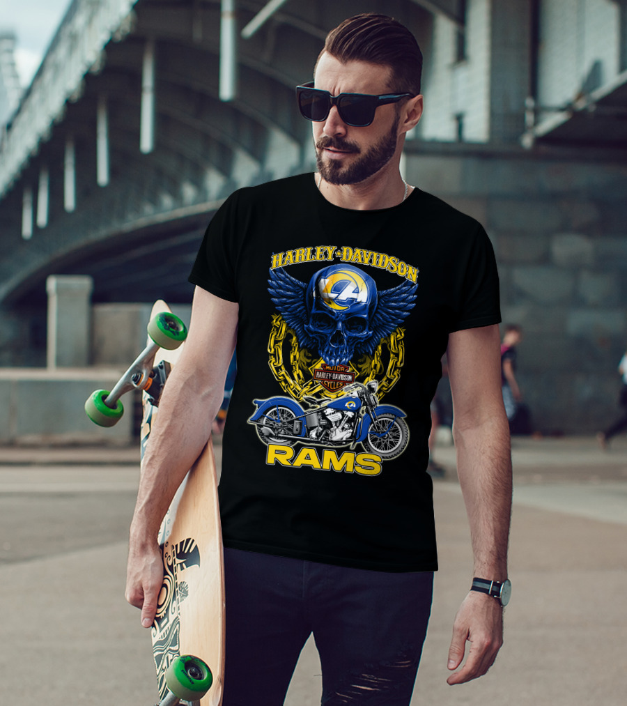 Harley Davidson Los Angeles Rams Nfl Motorcycle Skull T-Shirt