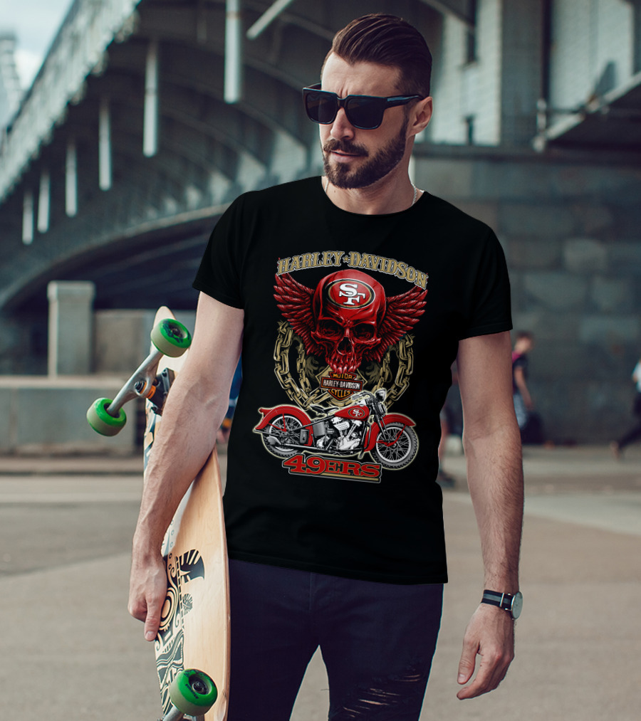 San Francisco 49ers Harley Davidson Motorcycle Skull Design Nfl 49ers T-Shirt