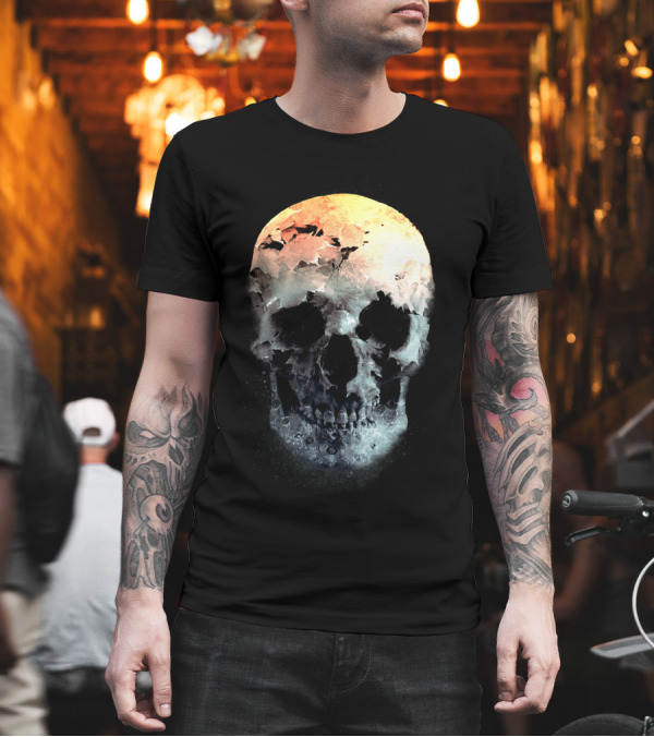 Autumn Skull with Falling Leaves and Sunset Fade T-Shirt Autumn Skull with Falling Leaves and Sunset Fade T-Shirt