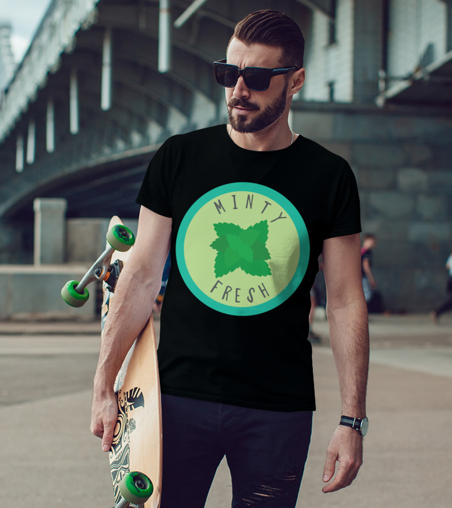 Minty Fresh Circular Mint Leaf Emblem On Green And Teal Background T-Shirt