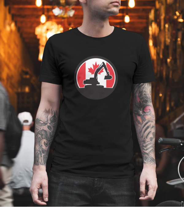 Canadian Excavator Silhouette Over Canada Flag with Maple Leaf T-Shirt Canadian Excavator Silhouette Over Canada Flag with Maple Leaf T-Shirt