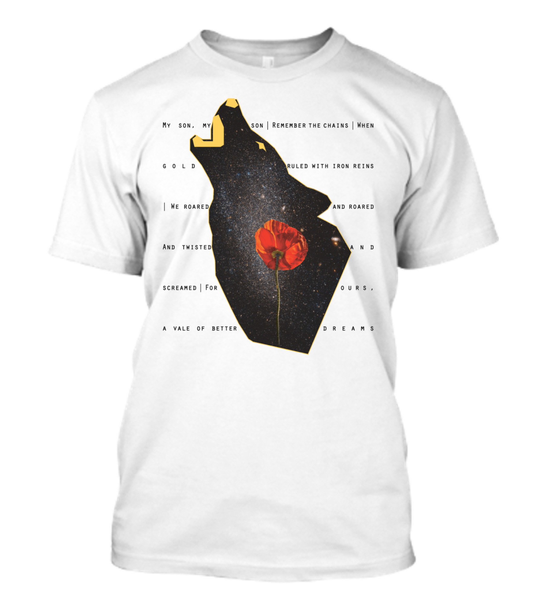 Omnis Vir Lupus Galaxy Wolf Silhouette With Red Poppy Flower And Cosmic Starry Night Sky T-Shirt