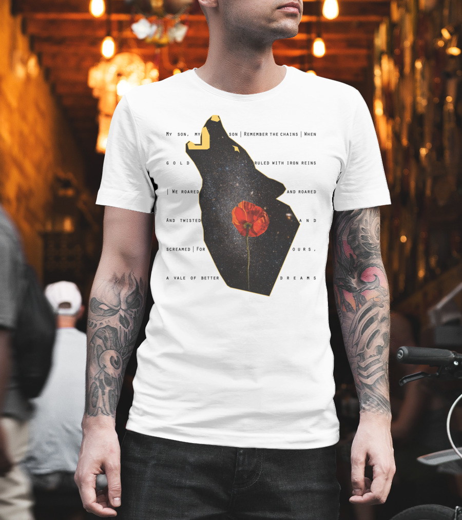 Omnis Vir Lupus Galaxy Wolf Silhouette With Red Poppy Flower And Cosmic Starry Night Sky T-Shirt