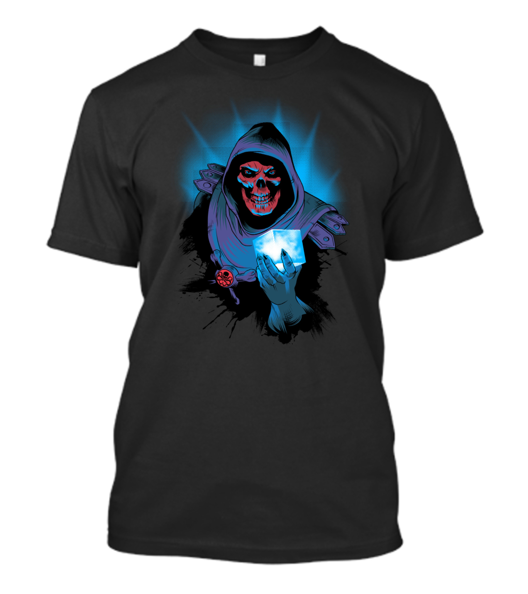 Red Skeletor Holding Cosmic Blue Glowing Cube T-Shirt