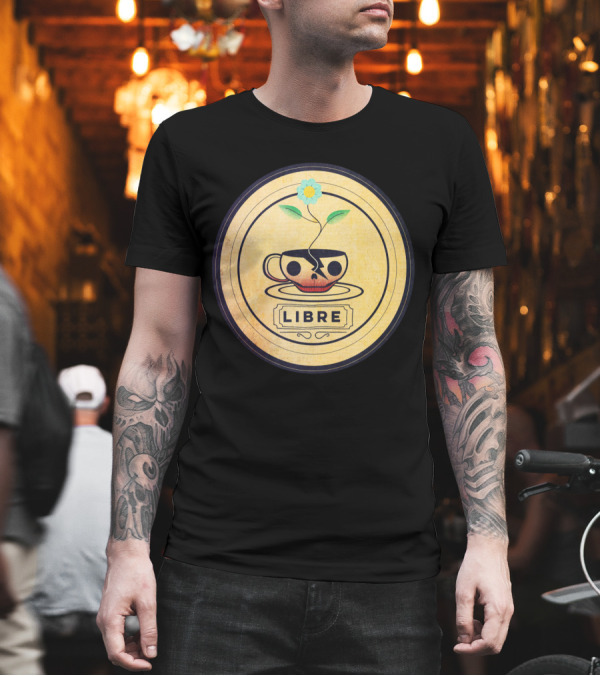 Libre Skull Coffee Cup with Blooming Flower T-Shirt Libre Skull Coffee Cup with Blooming Flower T-Shirt
