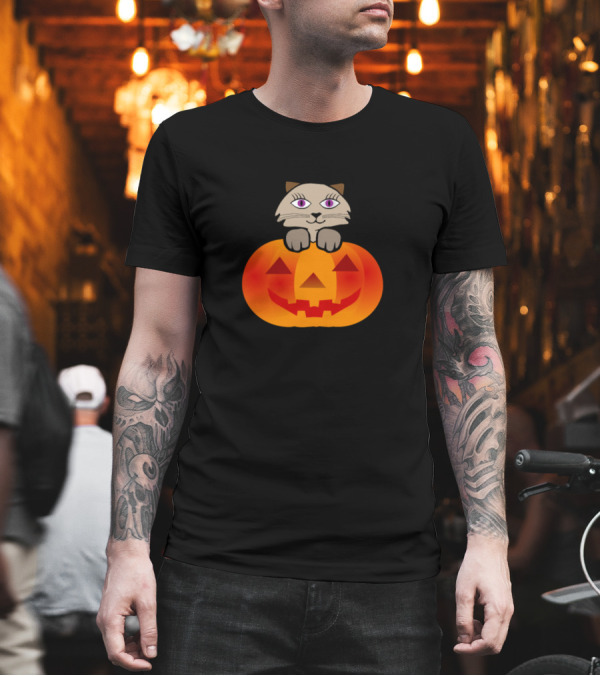 Cat with Purple Eyes in Halloween Pumpkin Jack-o'-Lantern T-Shirt Cat with Purple Eyes in Halloween Pumpkin Jack-o'-Lantern T-Shirt