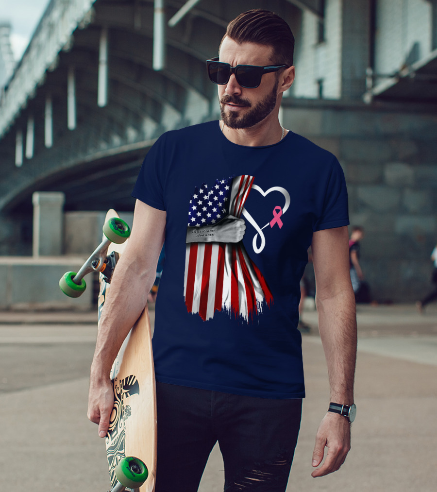 Breast Cancer Awareness American Flag Heart T-Shirt