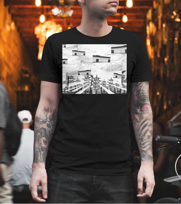 Chinese Rocks Pagoda Geometric Paper Planes Collage Urban T-Shirt Chinese Rocks Pagoda Geometric Paper Planes Collage Urban T-Shirt