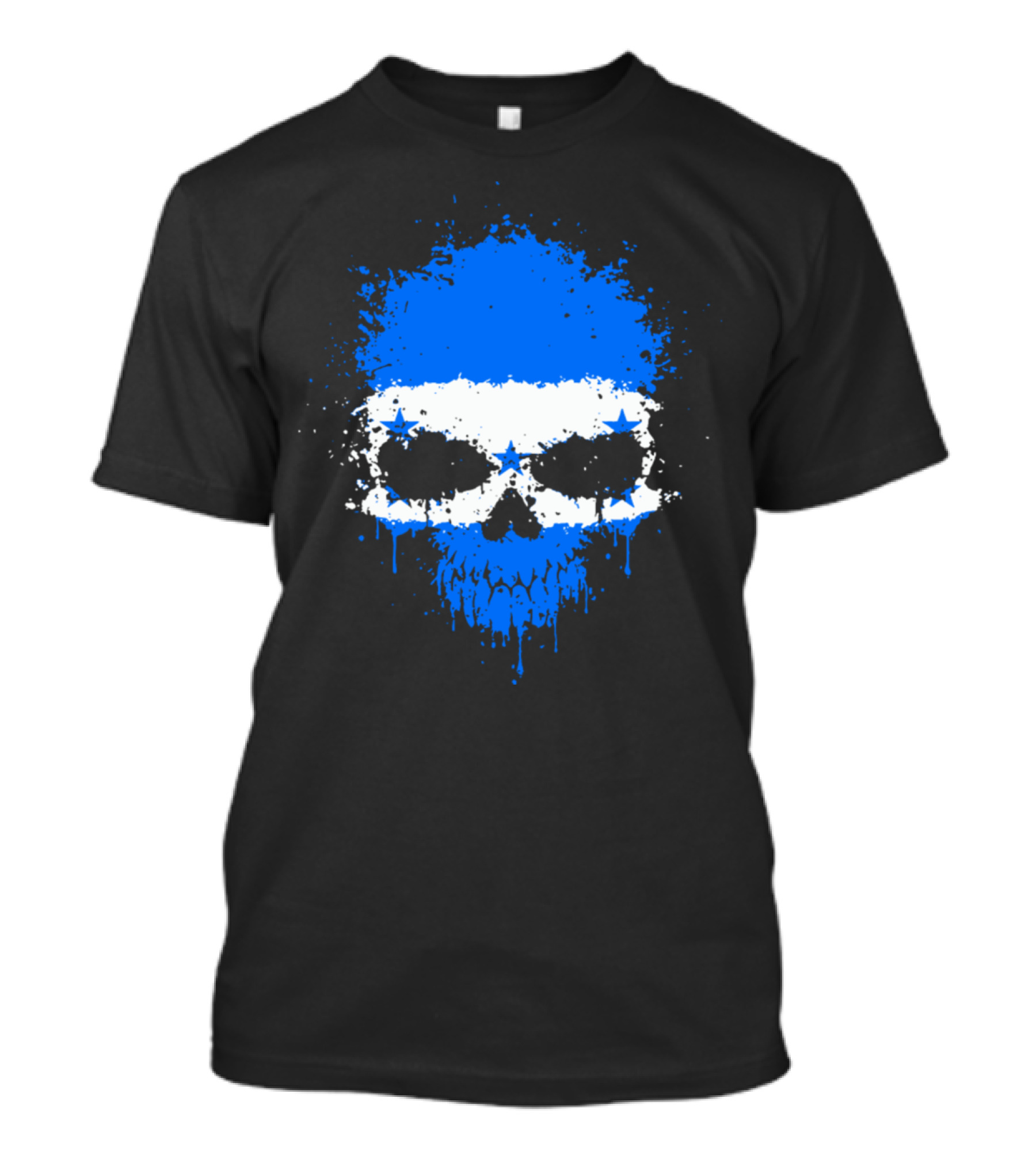 Chaotic Honduran Flag Splatter Skull Skeleton Blue White Stars T-Shirt