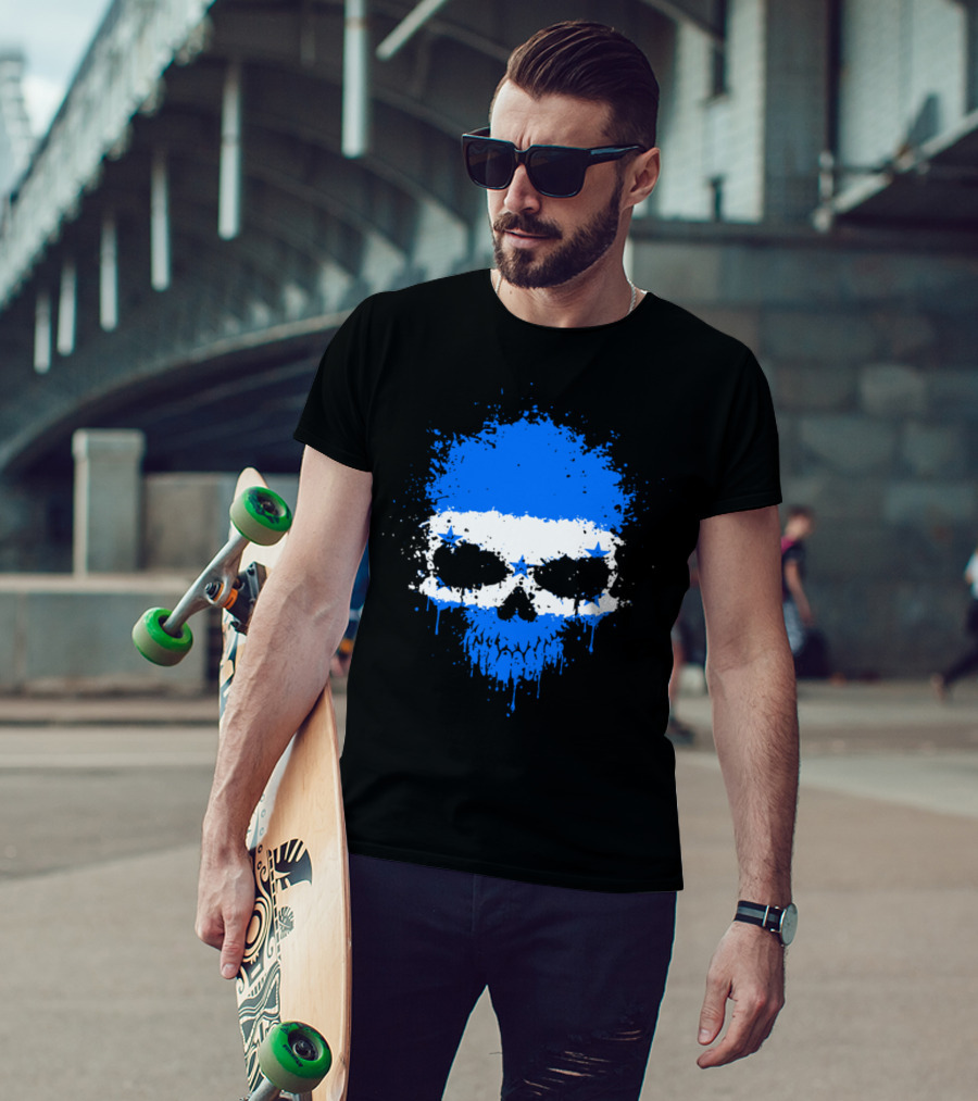 Chaotic Honduran Flag Splatter Skull Skeleton Blue White Stars T-Shirt