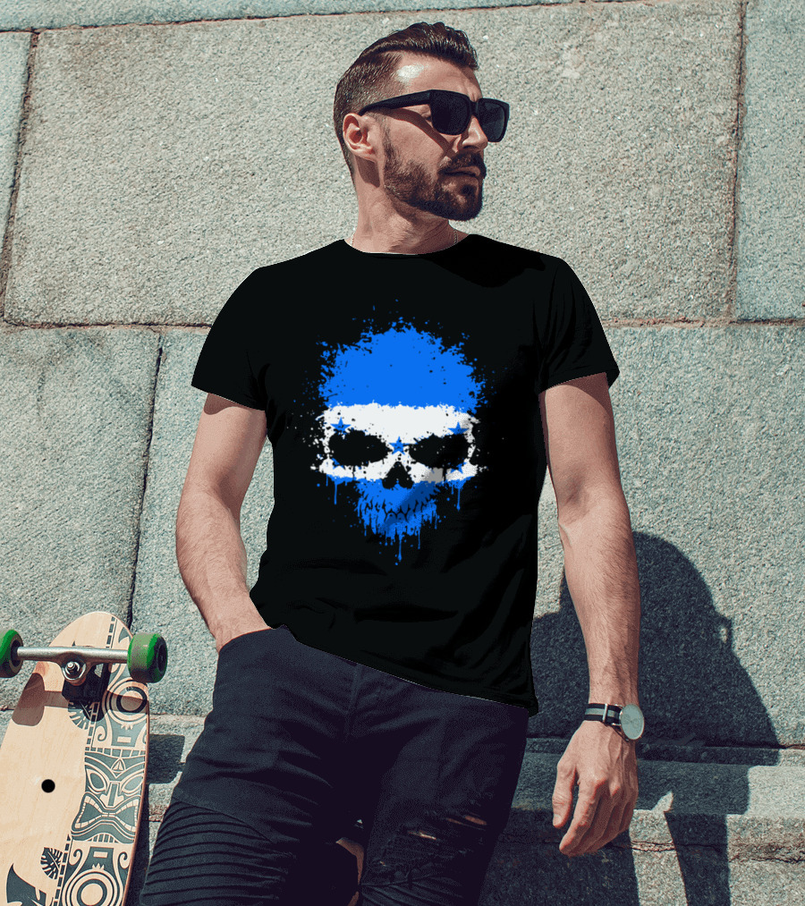 Chaotic Honduran Flag Splatter Skull Skeleton Blue White Stars T-Shirt