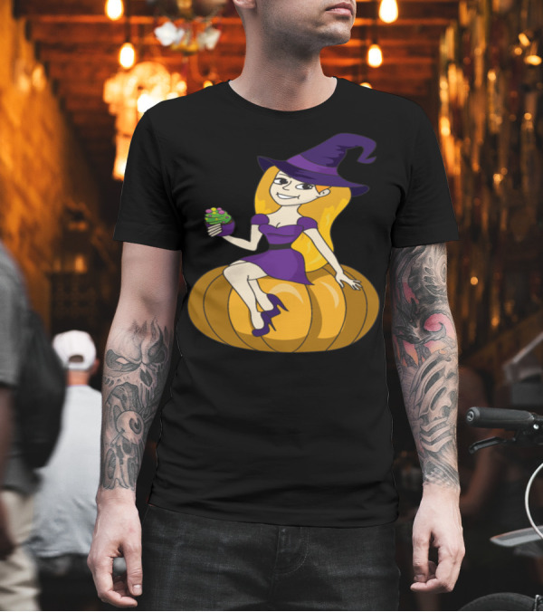 Halloween Cupcake Witch Sitting on Pumpkin T-Shirt Halloween Cupcake Witch Sitting on Pumpkin T-Shirt