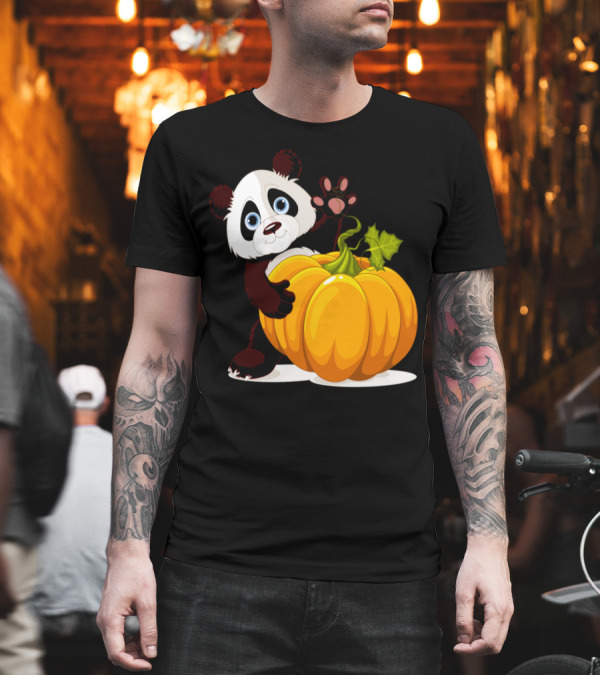 Cute Little Panda Waving Behind a Big Pumpkin T-Shirt Cute Little Panda Waving Behind a Big Pumpkin T-Shirt