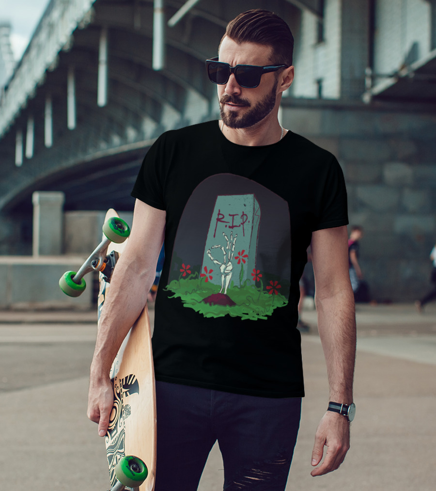 R.I.P. Skeleton Grave Bone Hand With Flowers T-Shirt