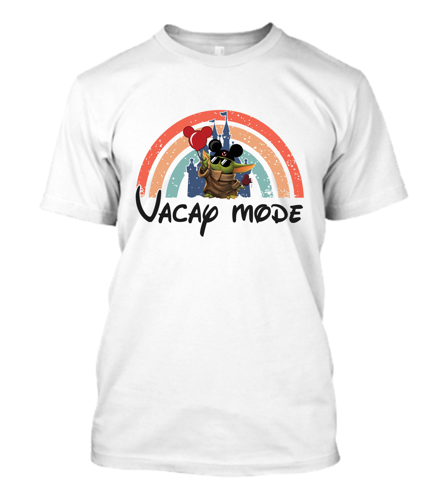 Baby Yoda Vacay Mode Disney Castle Mickey Ears Rainbow Balloons T-Shirt