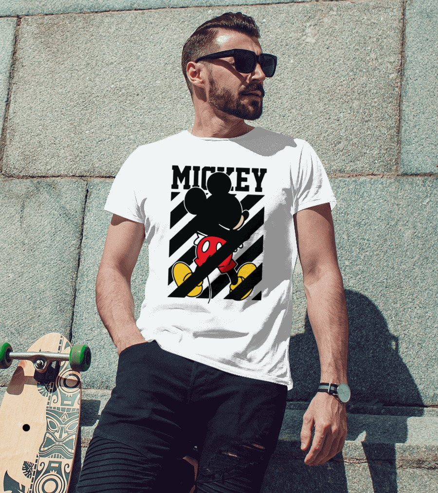 Mickey Mouse Black And White Stripes Red Yellow T-Shirt