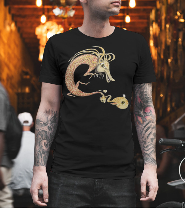Whimsical Dragon with Fish and Baby Companion Playful T-Shirt Whimsical Dragon with Fish and Baby Companion Playful T-Shirt