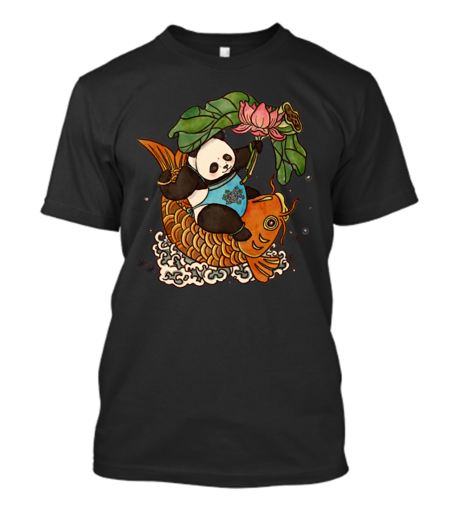 Panda Holding Lotus On Koi Fish With Abundance Year After Year T-Shirt