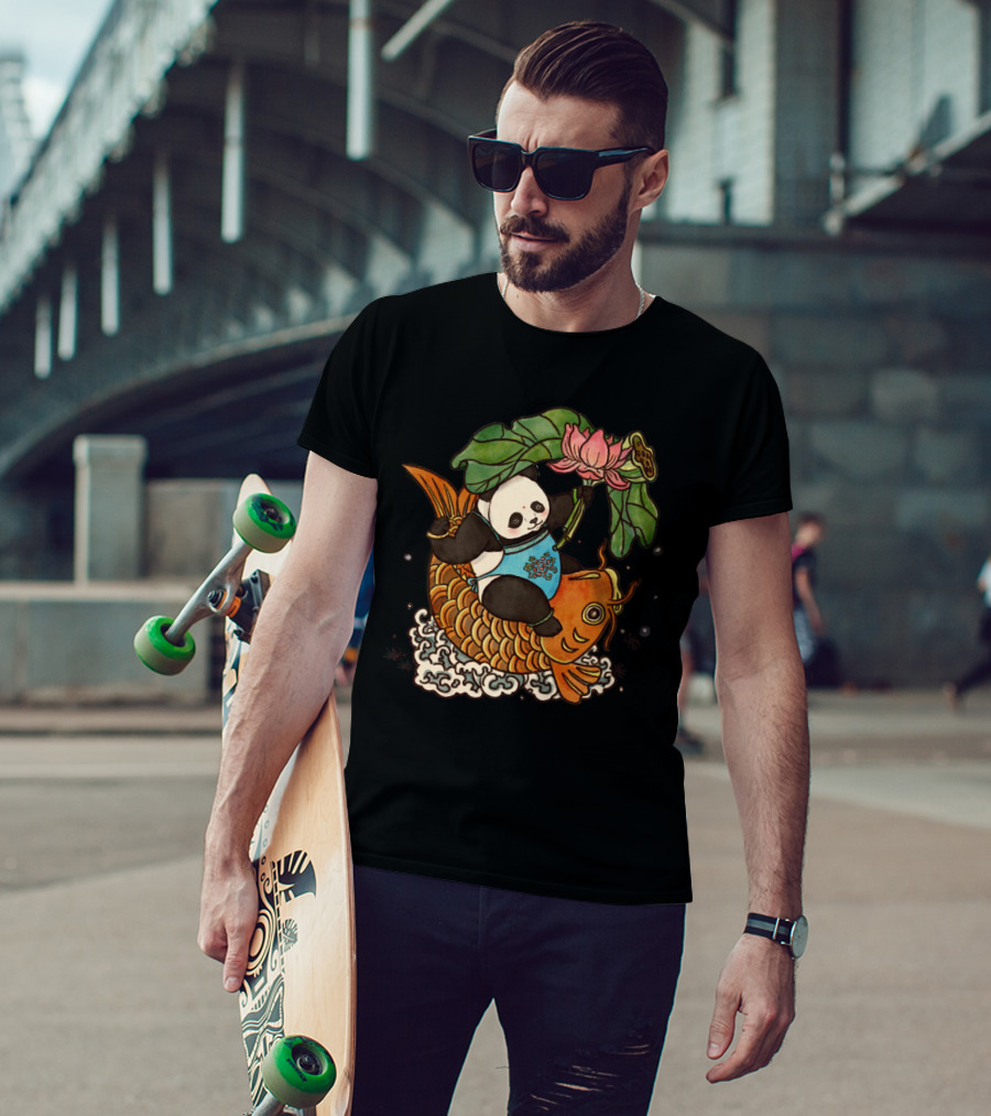 Panda Holding Lotus On Koi Fish With Abundance Year After Year T-Shirt