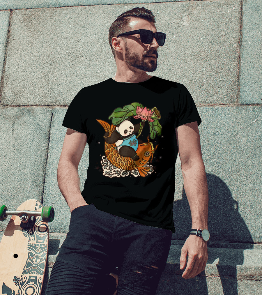 Panda Holding Lotus On Koi Fish With Abundance Year After Year T-Shirt
