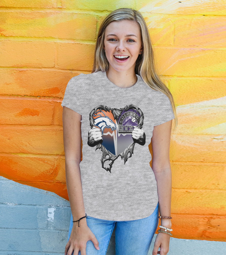 Denver Broncos Colorado Rockies Split Heart T-Shirt