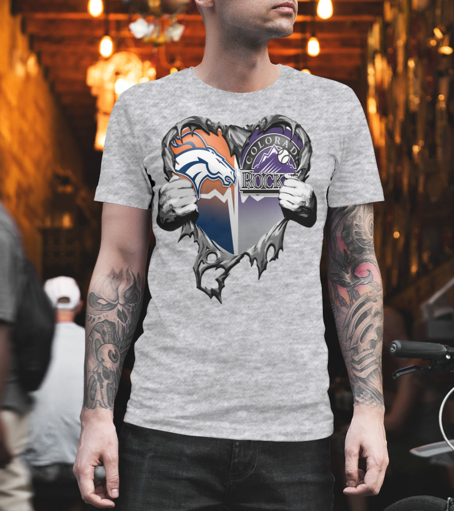 Denver Broncos Colorado Rockies Split Heart T-Shirt