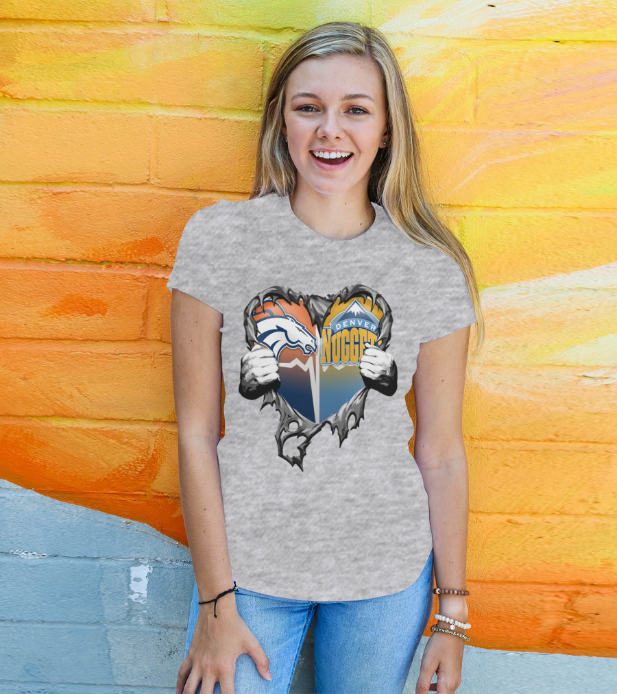 Broncos Nuggets Torn Heart Logo Fusion T-Shirt