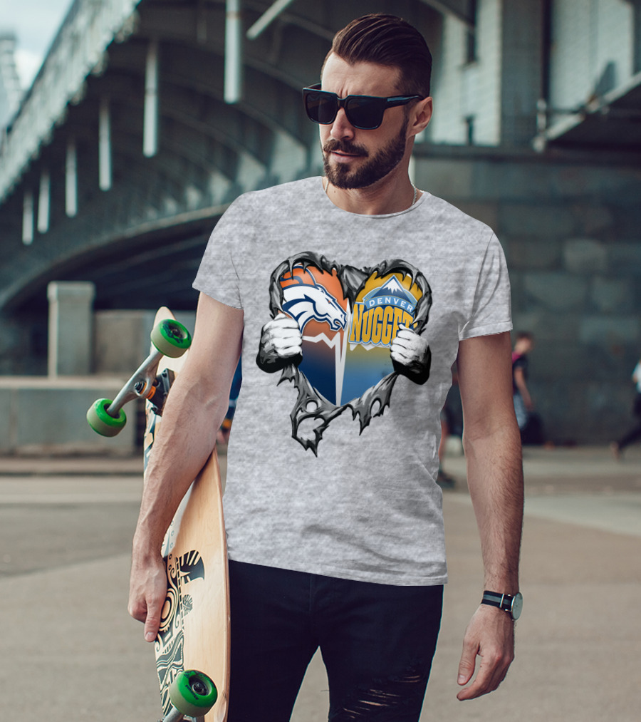 Broncos Nuggets Torn Heart Logo Fusion T-Shirt