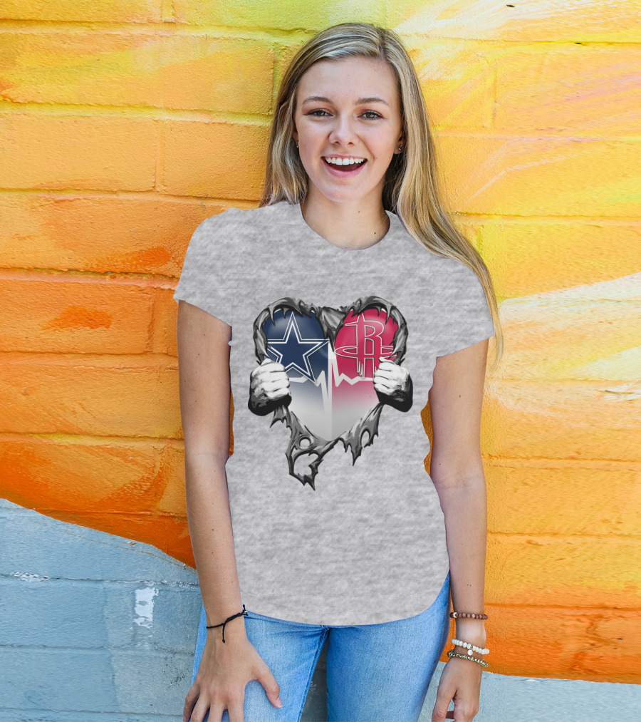 Dallas Cowboys Houston Rockets Torn Heart Logo Fusion T-Shirt