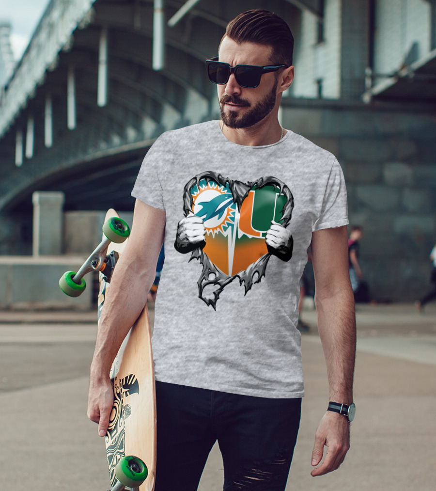 Miami Dolphins And Miami Hurricanes Heart T-Shirt