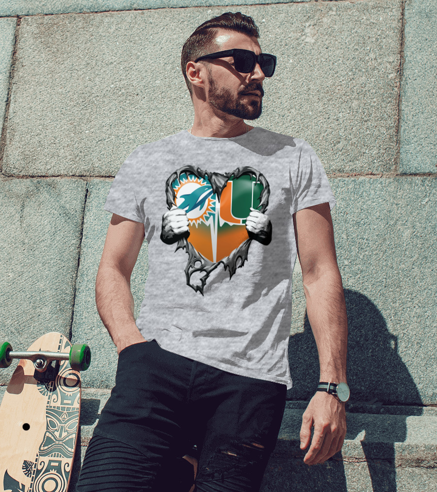 Miami Dolphins And Miami Hurricanes Heart T-Shirt