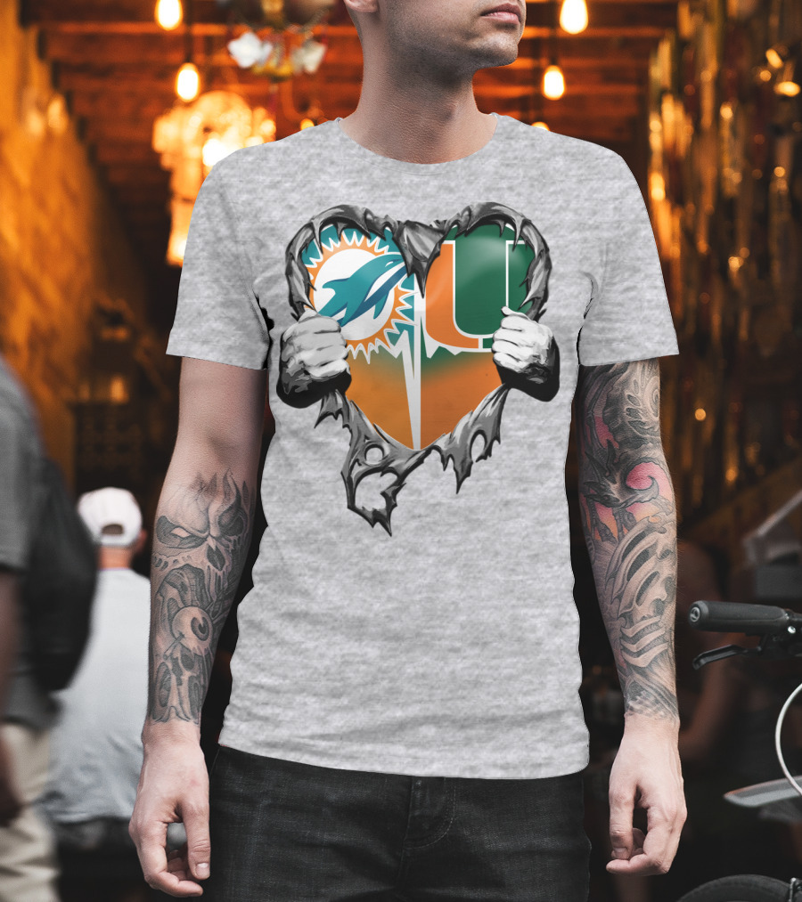 Miami Dolphins And Miami Hurricanes Heart T-Shirt