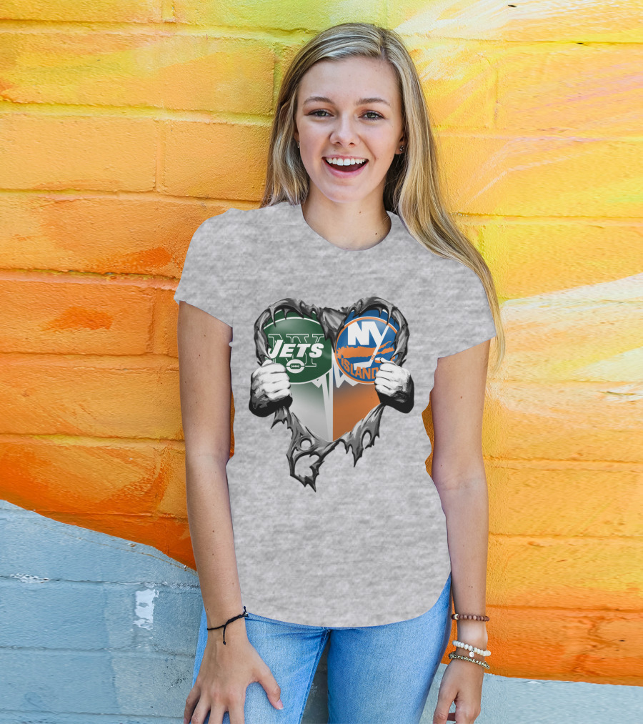 Jets Islanders Heart Rip Torn Metal Hands T-Shirt