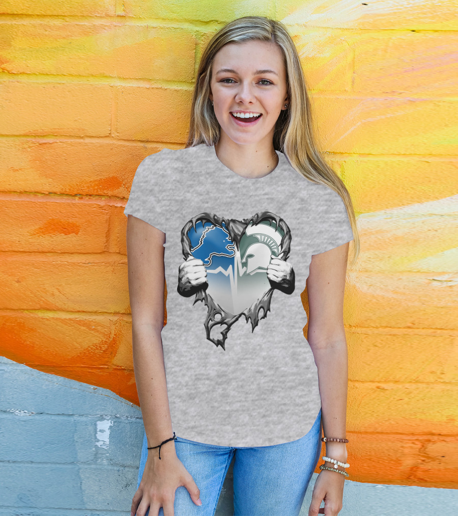 Detroit Lions And Michigan State Spartans Heart Logo Collaboration T-Shirt
