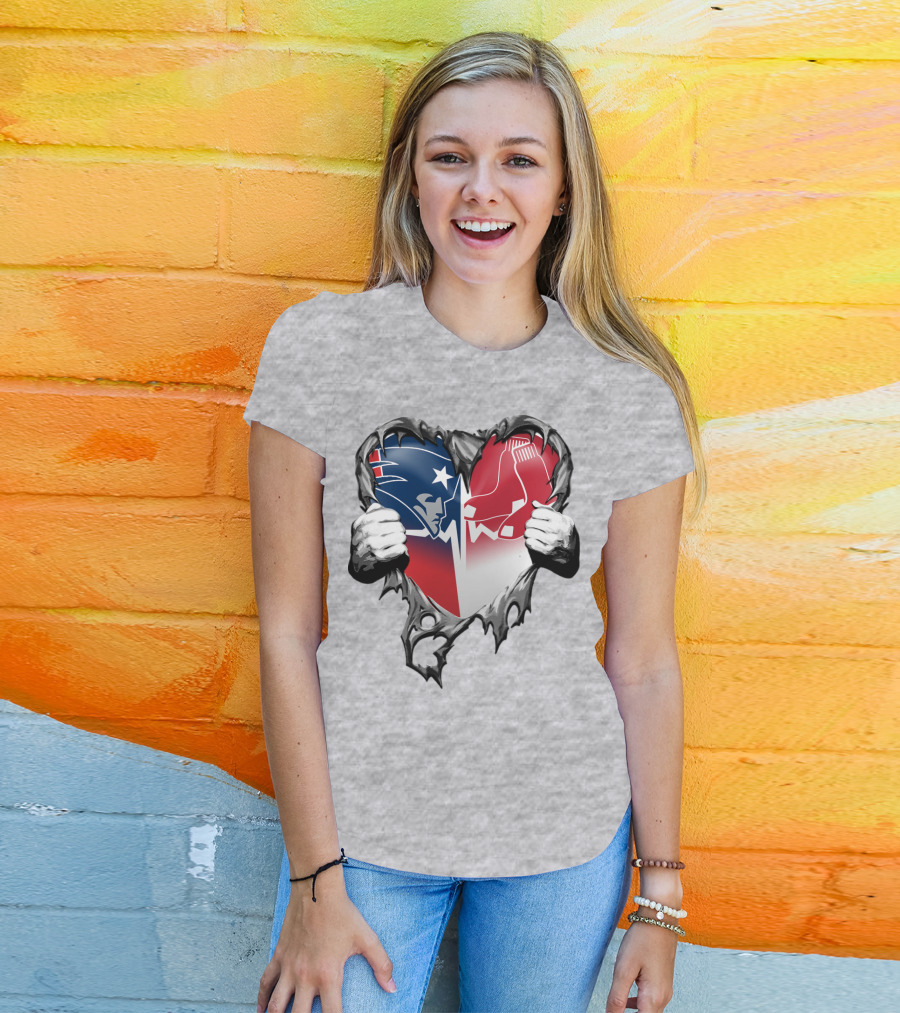 Patriots And Red Sox Heart Design With Torn Metal Effect T-Shirt