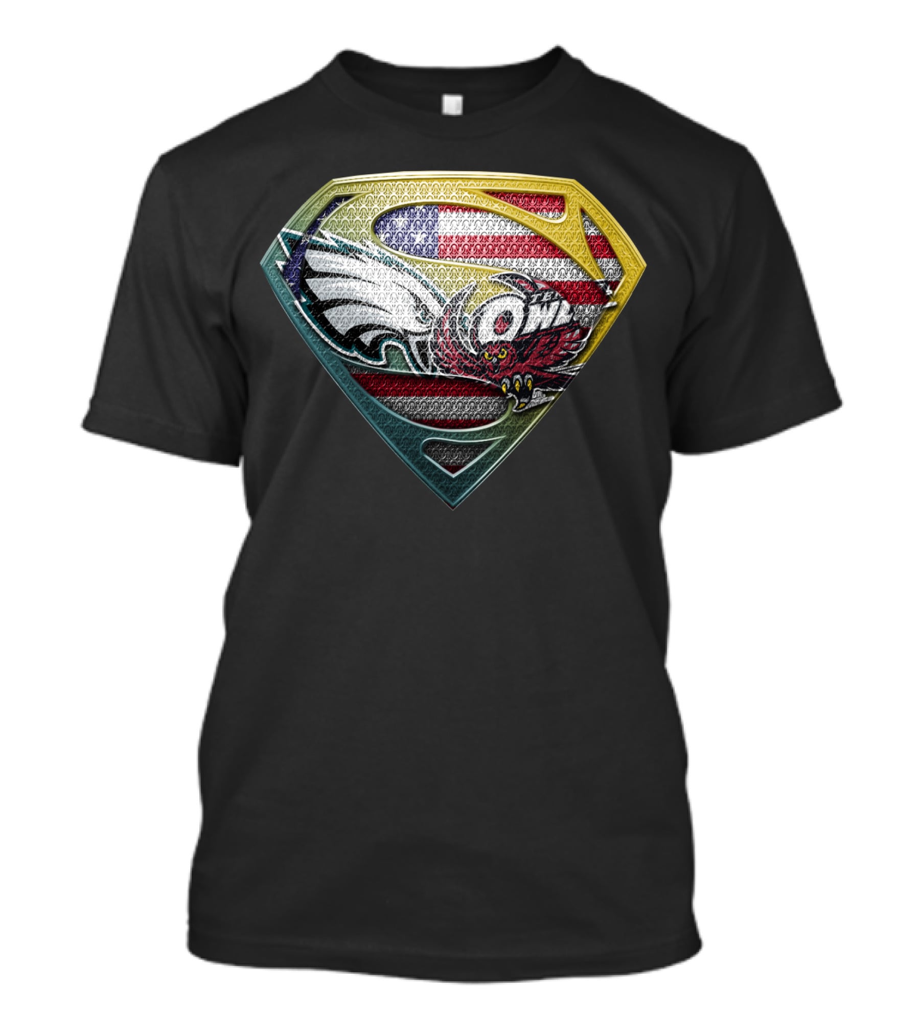 Philadelphia Eagles Temple Owls American Flag Superman Shield T-Shirt