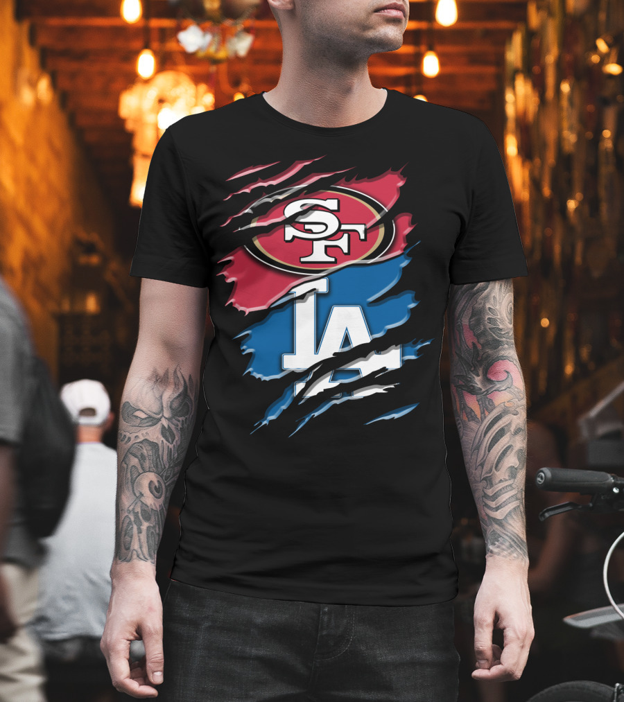 San Francisco 49ers And Los Angeles Dodgers Logo Fusion Rac T-Shirt