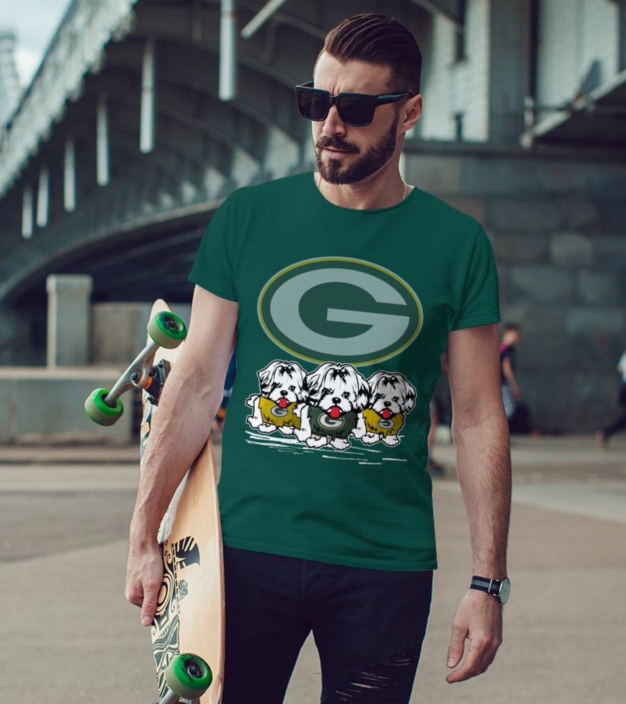 Green Bay Packers Logo With Three Dogs In Jerseys T-Shirt
