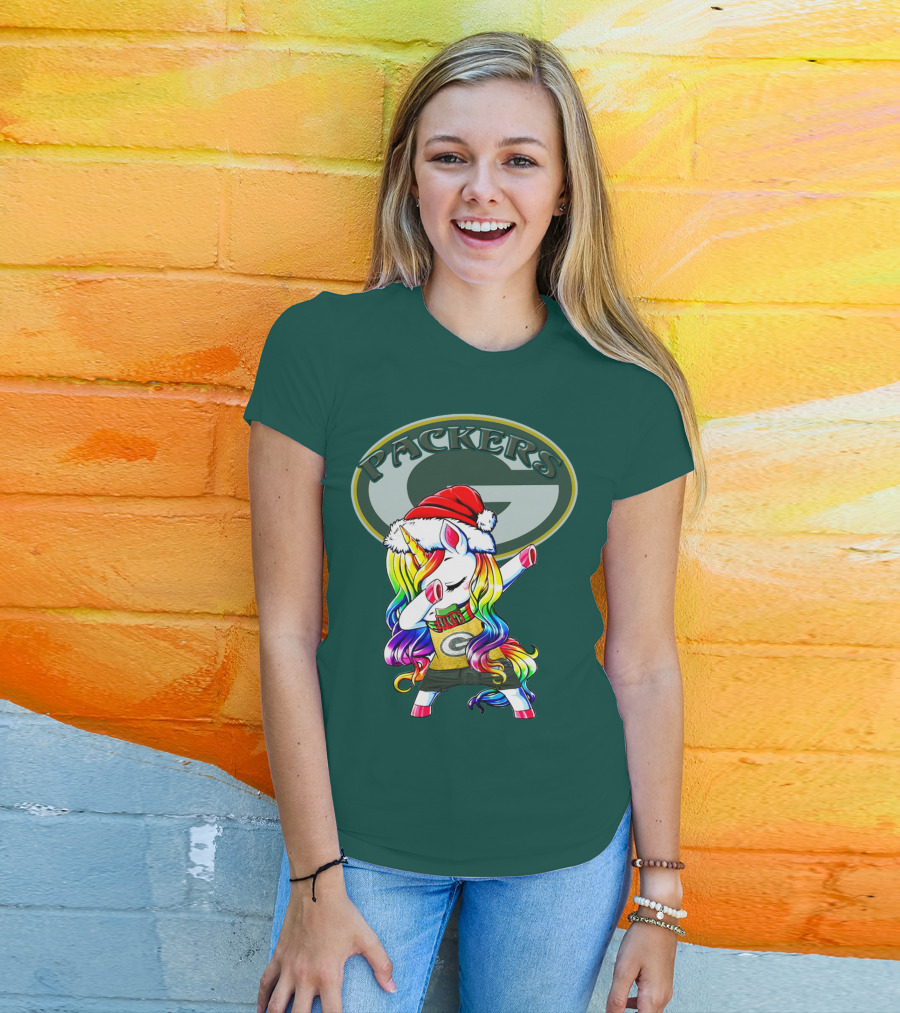 Packers Unicorn Dabbing Santa Hat Green Gold T-Shirt